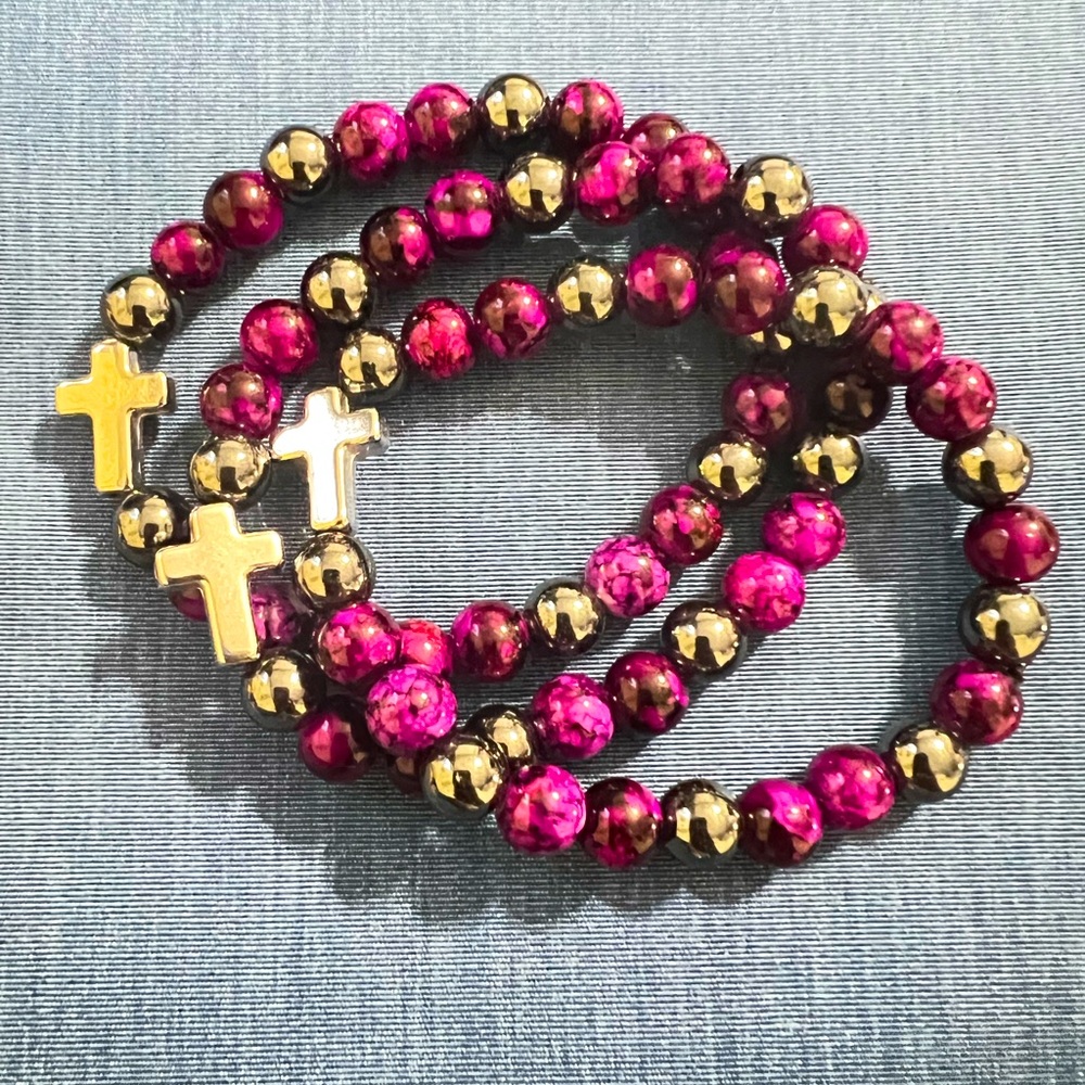 Plum, purple and black, zinc cross bracelet